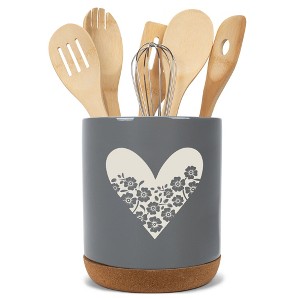 Elanze Designs Floral Heart Flowers Arrangement Love� Ceramic Cork Bottom Gray Large Capacity Utensil Holder Crock for Countertop Storage, Stylish & - 1 of 4