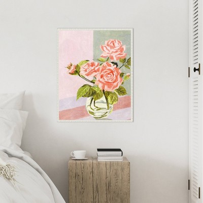 Douces Roses I Pink and Green Canvas Wall Art with White Frame