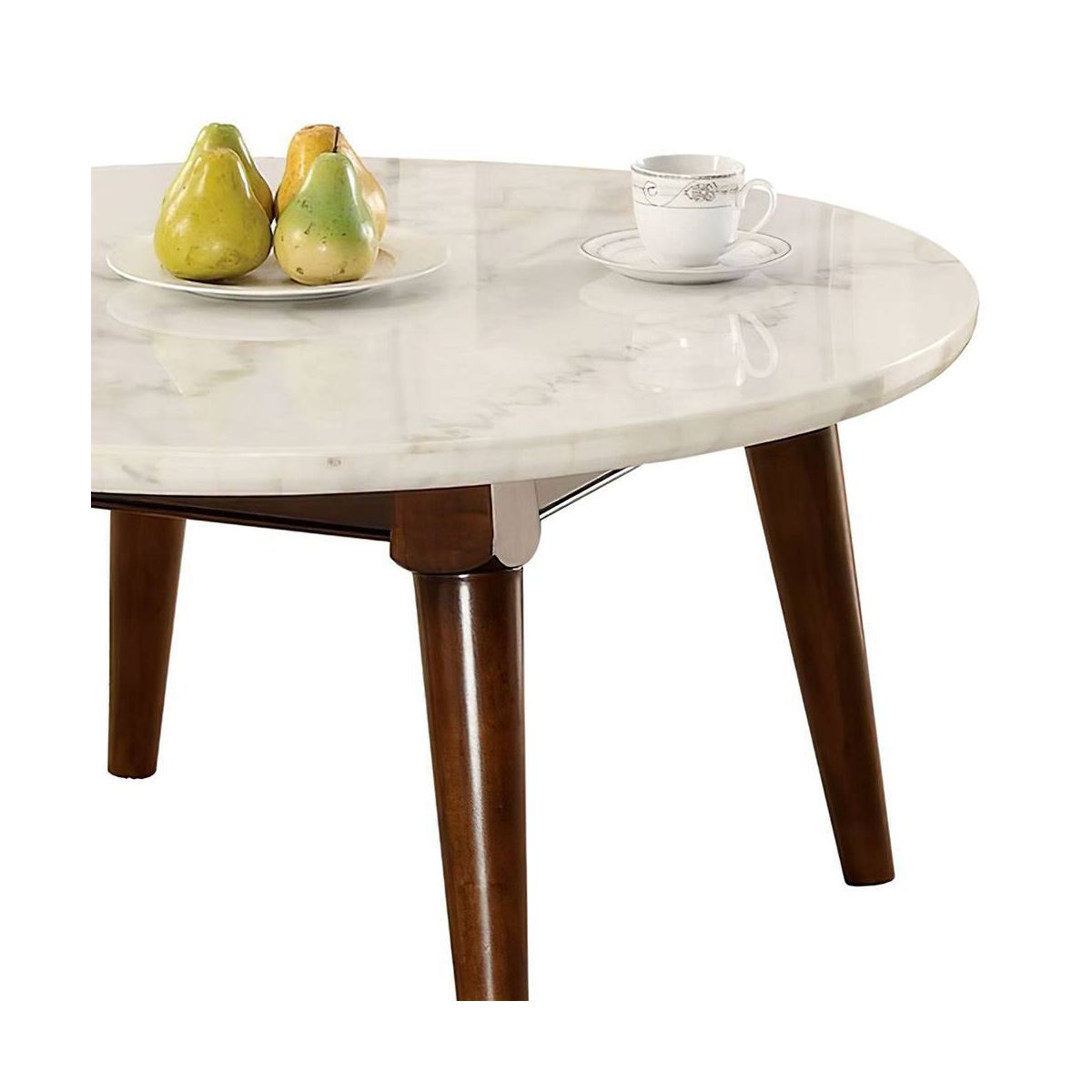 36" Gasha Coffee Table-White Marble Top & Walnut - Acme Furniture: Mid-Century Modern, Round, Wood Legs, No Tools Assembly - thumbnail 6