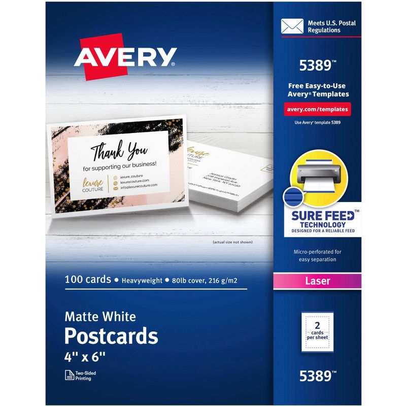 Avery (R) Printable Postcards with Sure Feed Technology, 4 x 6 Inches, White, Pack of 100, 1 of 3