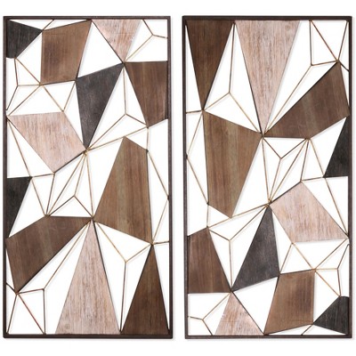HomeRoots Set of Two Brown and Gold Geometric Wood and Metal Hanging Dimensional Sculptures