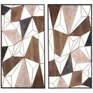 HomeRoots Set of Two Brown and Gold Geometric Wood and Metal Hanging Dimensional Sculptures - 1 of 4