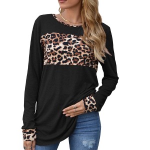 Anna-Kaci Women's Long Sleeve Pullover Top with Leopard Print Chest Panel and Cuff Accents - 1 of 4