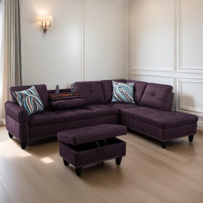 GlasFlength Sectional Sofas with Ottoman, Modern Large Modular Sectional Couch for Living Room, L Shape Upholstered Couch, Purple, Length 97.5"