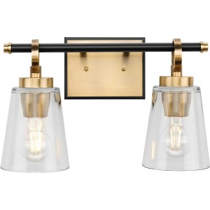 Progress Lighting Cassell 2-Light Vanity Fixture, Vintage Brass, Clear Glass Shades: Luxe Industrial & Transitional Style, Damp Rated. - 1 of 3