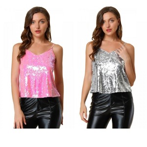 Allegra K Women's Sequined Shining Adjustable Straps Party Sparkle Cami Top 2 Packs - 1 of 4