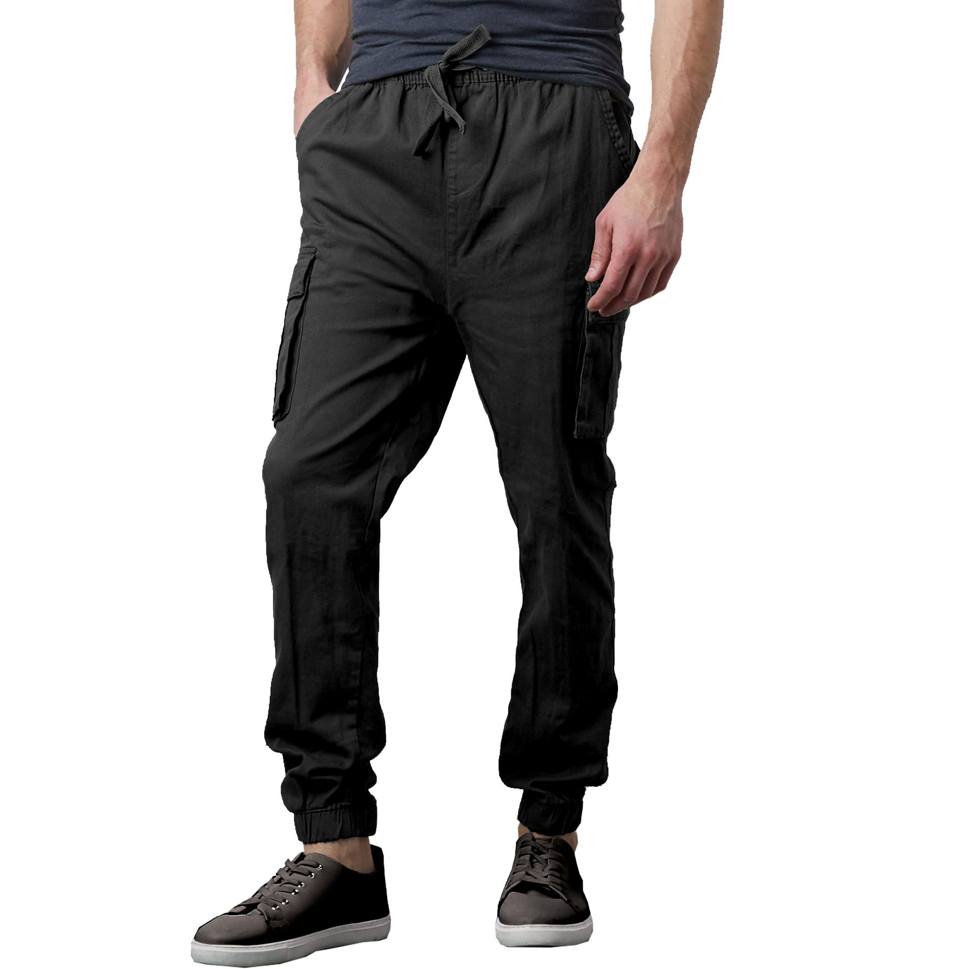 Jump Start Men's Slim Fit  Cotton Flex Stretch Cargo Jogger Pants-Black-L