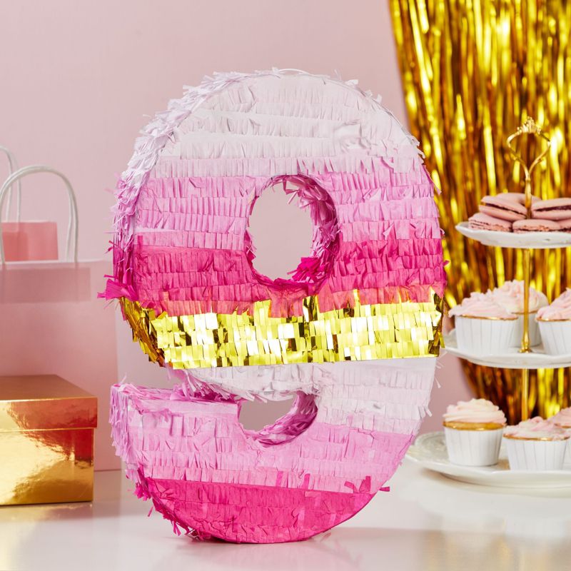 Blue Panda Small Pink and Gold Foil Number 9 Pinata for Kids 9th Birthday Party Decorations, 16.5 x 11 In, 2 of 8