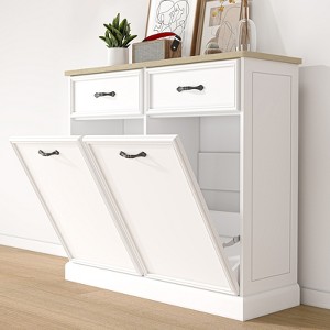 Double Tilt Out Trash Cabinet, Hidden Trash Can Cabinet with 20 Gallon Storage, Freestanding White Garbage Can Cabinet for Kitchen Dining Living Room - 1 of 4