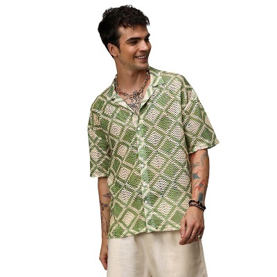Campus Sutra Men Men's Grass Green & Pale Yellow Geometric Block Oversized Shirt