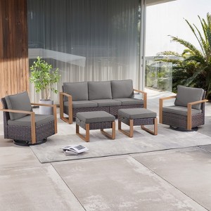 POCASSY 5 Piece Outdoor Sofa Couch Set with Swivel Patio Chairs and Ottomans, All Weather Wicker and Olefin Cushion Cover Outdoor Patio Furniture Set - 1 of 4