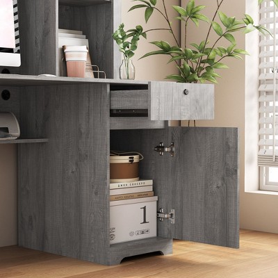PAGED Computer Desk Modern Wooden Executive Desk with Storage Drawer, Cabinet, Socket and Open Shelves for Office