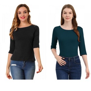 Allegra K Women's Classic Solid Elbow Sleeves Round Neck Slim Fit T-Shirts 2 Packs - 1 of 4