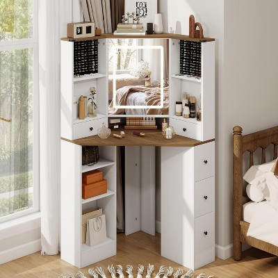 Elecwish Corner Vanity Desk with Mirror and Lights Makeup Table with Storage Large Farmhouse Vanity Sets with Drawers for Women, White