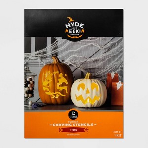 12ct Pumpkin Carving Stencils Halloween Decorating Kit with Tool - Hyde and EEK! Boutique™: Unique Designs & Tools for Fun Carving - 1 of 3
