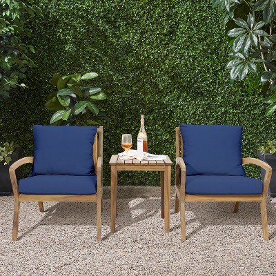 Acacia Wood Outdoor Conversation Set with Blue Cushions