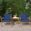 LuxenHome Outdoor Acacia Wood Side Table and Set of 2 Armchairs with Blue Cushions - 4 of 4