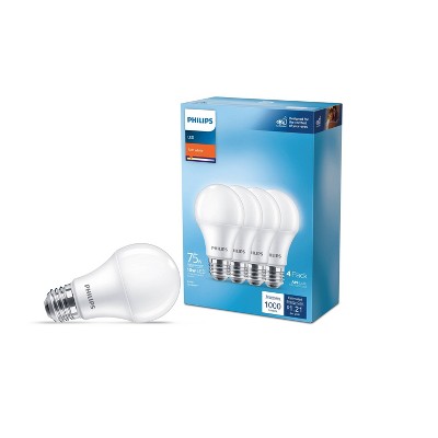 Philips LED 75W Frosted Soft White Non-Dim A19 4P (Non-T20): 1100 Lumens, E26 Base, 2700K, 10W, 4-Pack