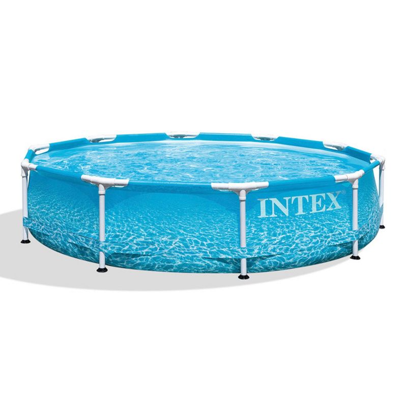 Intex 28206EH 10 Foot x 30 Inch Round Metal Frame Outdoor Backyard Above Ground Beachside Swimming Pool with Reinforced Sidewalls, Blue (Pool Only), 1 of 7