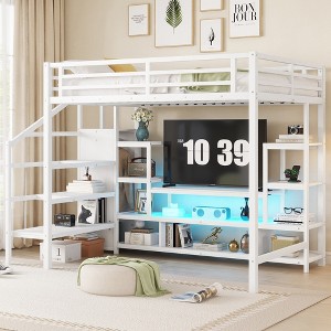 Full Size Metal Loft Bed with TV Cabinet, Staircase and Wardrobe - 1 of 4