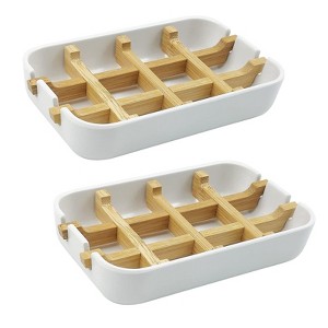 Aoibox 2 Pack Bamboo Soap Dish with Self-Draining Design, Wooden Soap Holder for Shower, Bathroom, Kitchen, Bathtub, Sink - White - 1 of 4