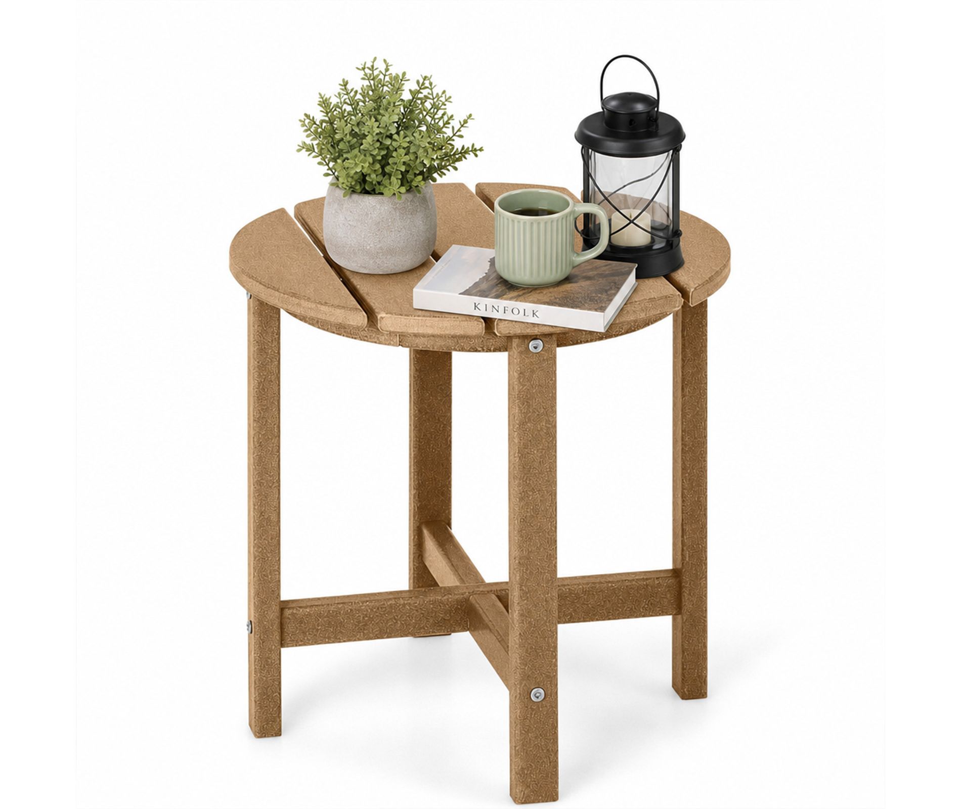 Small 18 Inch Round Outdoor Coffee Table, Weather-Resistant HDPE Slatted Patio Side End Table for Porch Deck Backyard, Brown