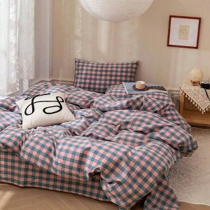 Purple Pink Plaid Queen Bedding Set, 3 Pieces, Duvet Cover with Zipper, 2 Pillowcases, 100 Washed Cotton, Soft Breathable - 1 of 4
