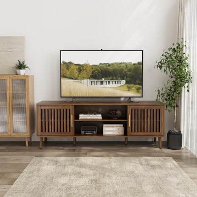 LIVAREEmlen 63 inch TV Stand with 2 Grille Door Cabinets and Adjustable Storage Rack,Suitable For TV Cabinets with 55/65/70 Inch Tvs,Walnut Wood