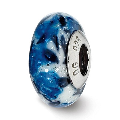 Black Bow Jewelry Blue Rose Glitter Overlay Murano & Sterling Silver Bead Charm, 13mm