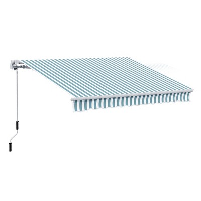 VisioGear Retractable Awning, 12'*10' Patio Awnings with Manual Crank Handle for Deck, Yard, Blue & White, 141.75"*118"*59"