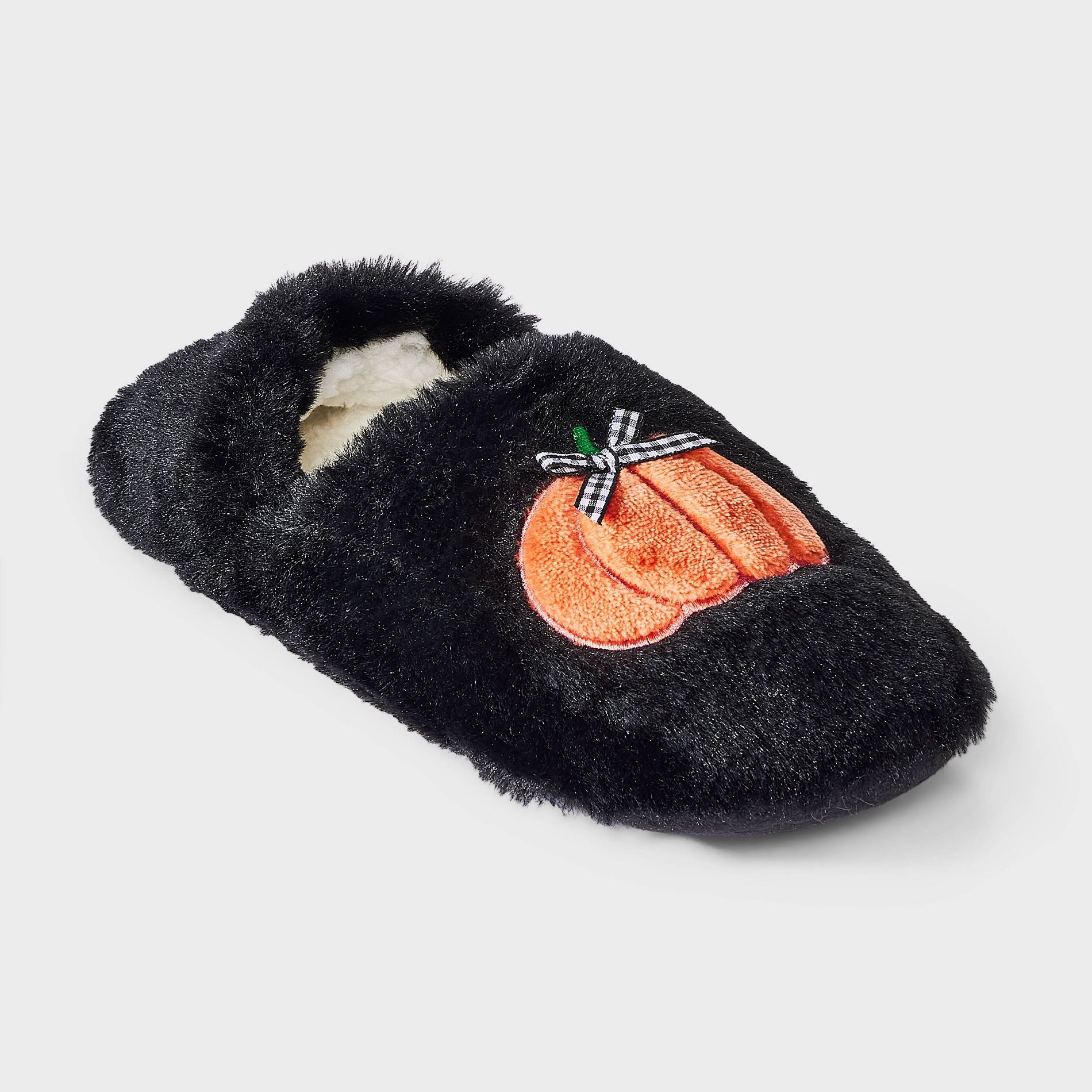 Women's Halloween Embroidered Pumpkin Faux Fur Slipper Socks with Grippers - Hyde & EEK! Boutique™