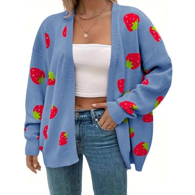 Coolmee Women's Plus Size Strawberry Print Casual Long Sleeve Open Front Knit Cardigan Sweater