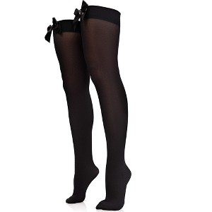 Skeleteen Girl's Bow Accent Thigh Highs - Black - 1 of 3