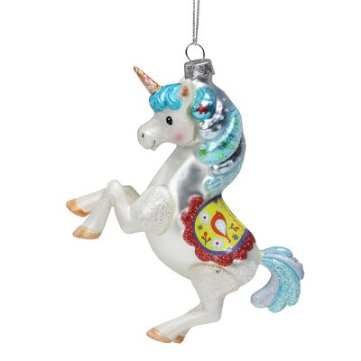 Northlight 5.25" White and Blue Glitter Unicorn Glass Christmas Ornament