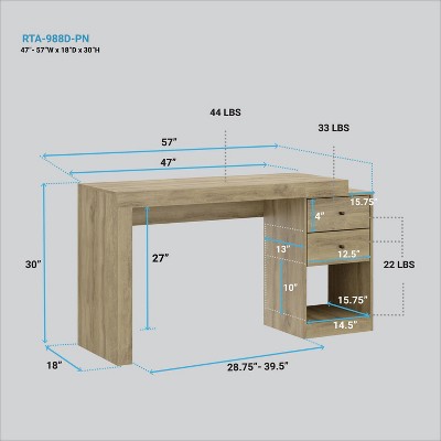 Expandable Pine Wood Home Office Desk with Storage Drawers