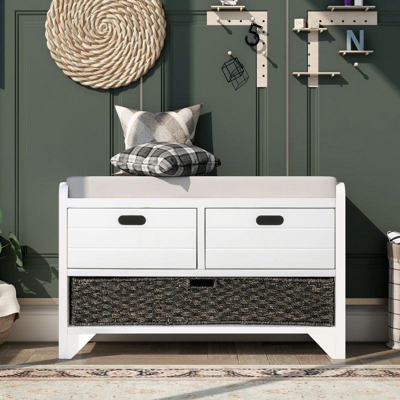 Entryway Storage Bench with Removable Basket and 2 Drawers, Fully Assembled Shoe Bench with Removable Cushion-ModernLuxe, 2 of 11