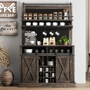 Jojoka 75" Tall Coffee Hutch Cabinet, Farmhouse Coffee Cabinet with Storage and Hooks,Kitchen Buffet Sideboard with Sliding Barn Door for Dining Room - 1 of 4