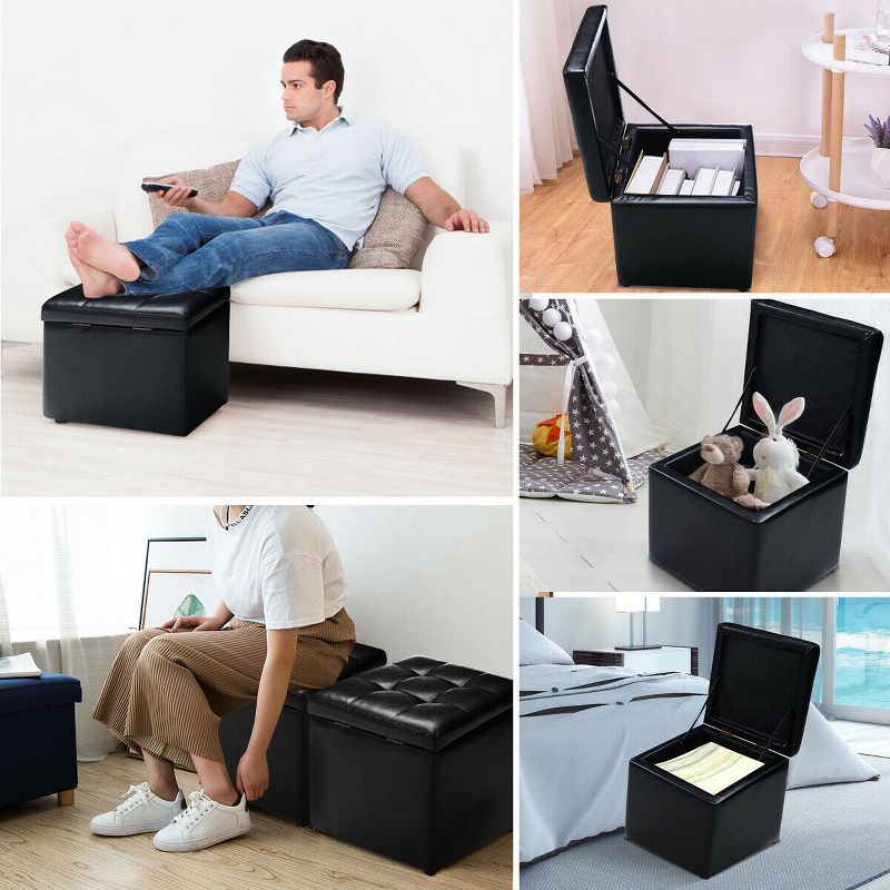 Costway 16''Cube Ottoman Pouffe Storage Box Lounge Seat Footstools with Hinge Top black, 5 of 11