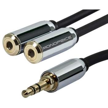 Monoprice Audio Cable - 0.5 Feet - Black | 3.5mm Male Plug to Two Female 3.5mm Jacks for Mobile, Gold Plated