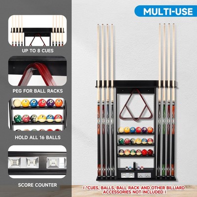 Black Solid Wood Wall Mounted Pool Cue Rack with Score Counter