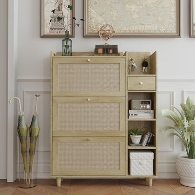KTMBDW Shoe Cabinet with 3 Rattan Flip Drawers and Storage Drawer, Shoes Cabinet with Adjustable Shelves, Narrow Shoe Rack for Entryway, Hallway