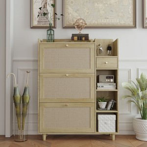 KTMBDW Shoe Cabinet with 3 Rattan Flip Drawers and Storage Drawer, Shoes Cabinet with Adjustable Shelves, Narrow Shoe Rack for Entryway, Hallway - 1 of 4