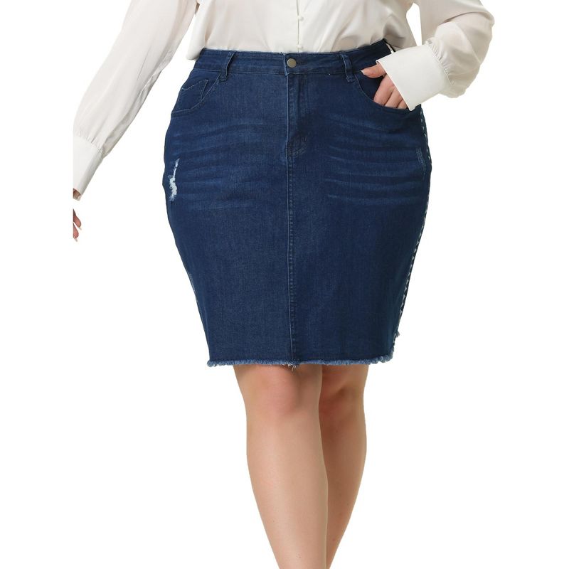 Agnes Orinda Women's Plus Size Denim Embroidered Distressed Ripped Pencil Jean Skirts, 1 of 6