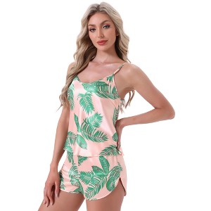 cheibear Women's Silky Satin Adjustable Straps Cami Top and Shorts Pajamas Sets - 1 of 4
