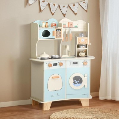 Karl Home Wooden Play Kitchen With Coffee Maker, Toy Washing Machine, Oven, Microwave & Cooking Set Accessories