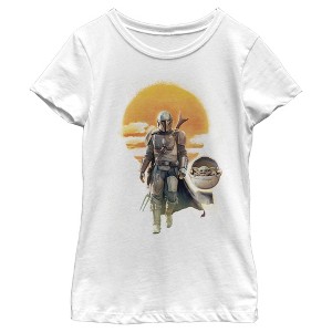 Girl's Star Wars The Mandalorian The Child and Mando Walking Sunset T-Shirt - 1 of 4