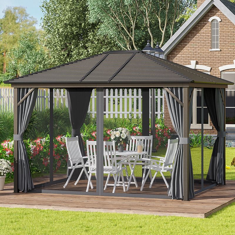 Outsunny 10' x12' Hardtop Gazebo with Aluminum Frame, Permanent Metal Roof Gazebo Canopy with 2 Hooks, Curtains and Netting for Garden, 4 of 8