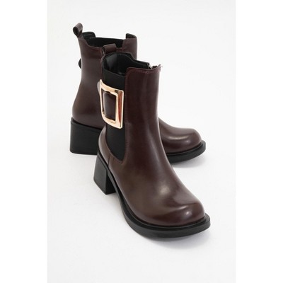Moriah - Burgundy Buckle Elastic Block Heel Boot (Women) | Prologue Shoes