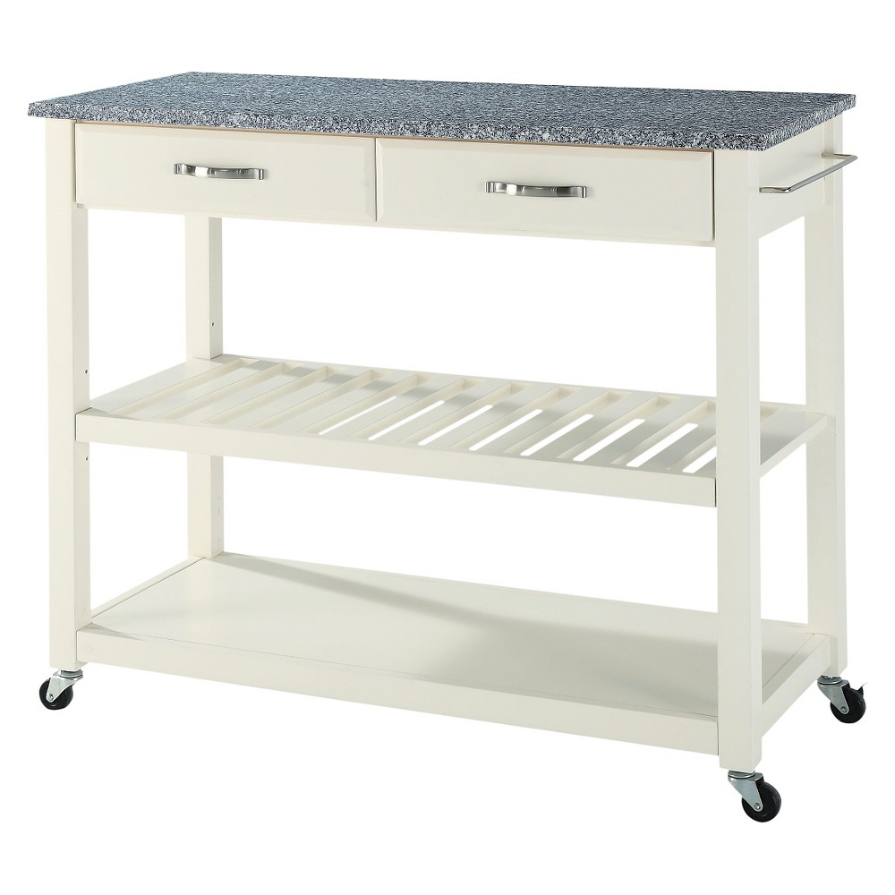 Solid Granite Top Kitchen Cart/Island with Optional Stool Storage - White - Crosley: Hardwood Frame, 2 Shelves, Locking Casters