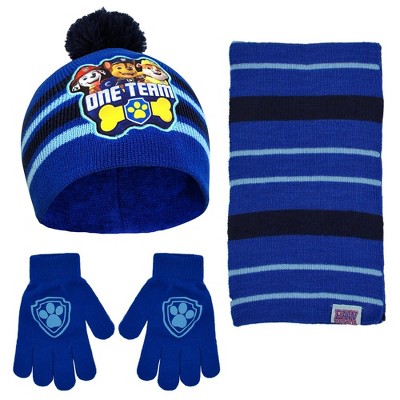 Paw Patrol Boys Winter Hat, Scarf & Gloves Set, Kids Ages 2-7 (Blue)